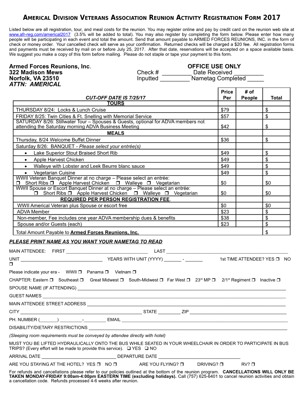 Americal Division Veterans Association Reunion Activity Registration Form 2017