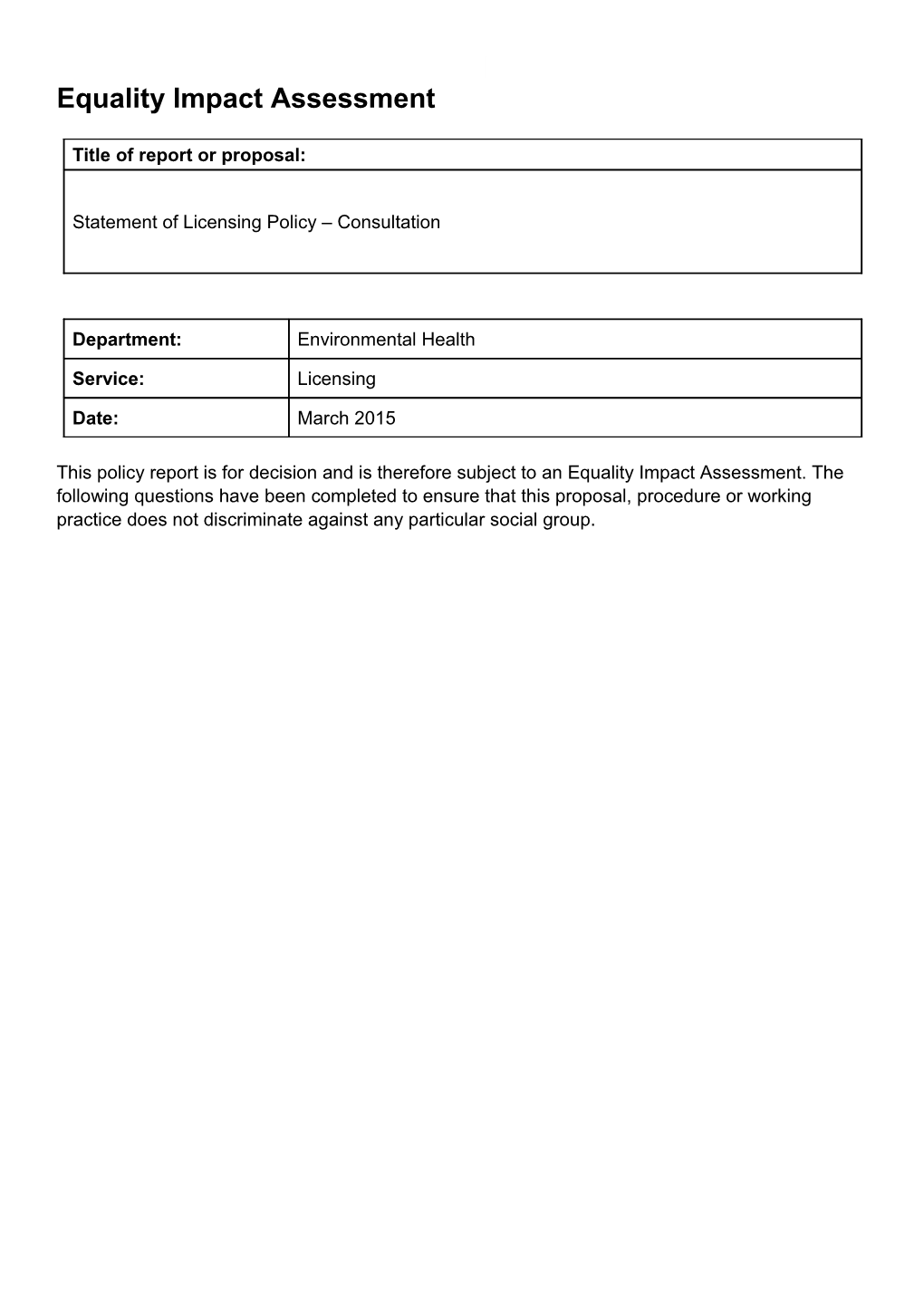 Statement of Licensing Policy - Equality Impact Assessment