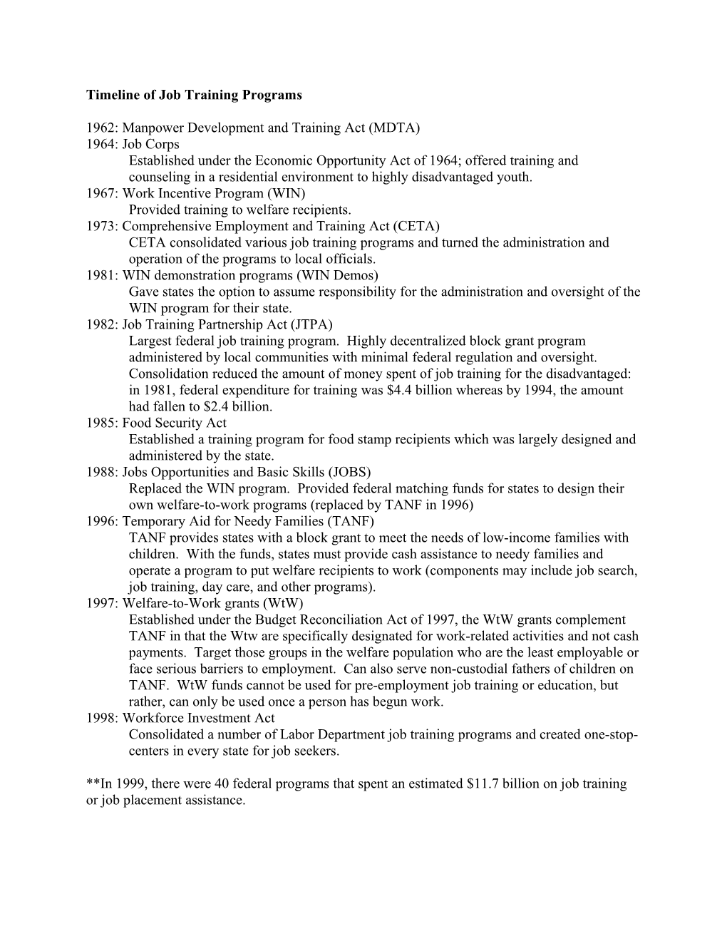 Timeline of Job Training Programs