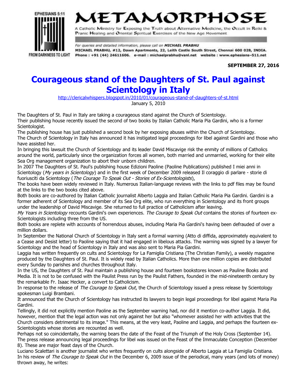 Courageous Stand of the Daughters of St. Paul Against Scientology in Italy