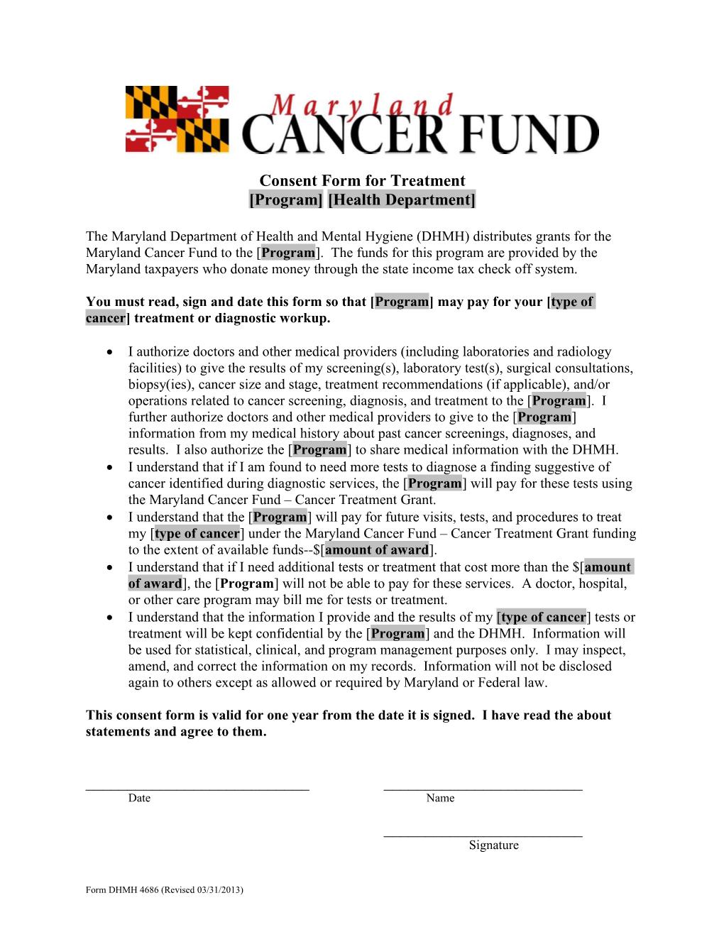 Consent Form for Treatment