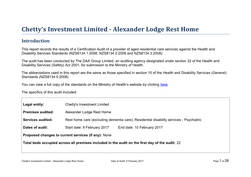 Chetty's Investment Limited - Alexander Lodge Rest Home