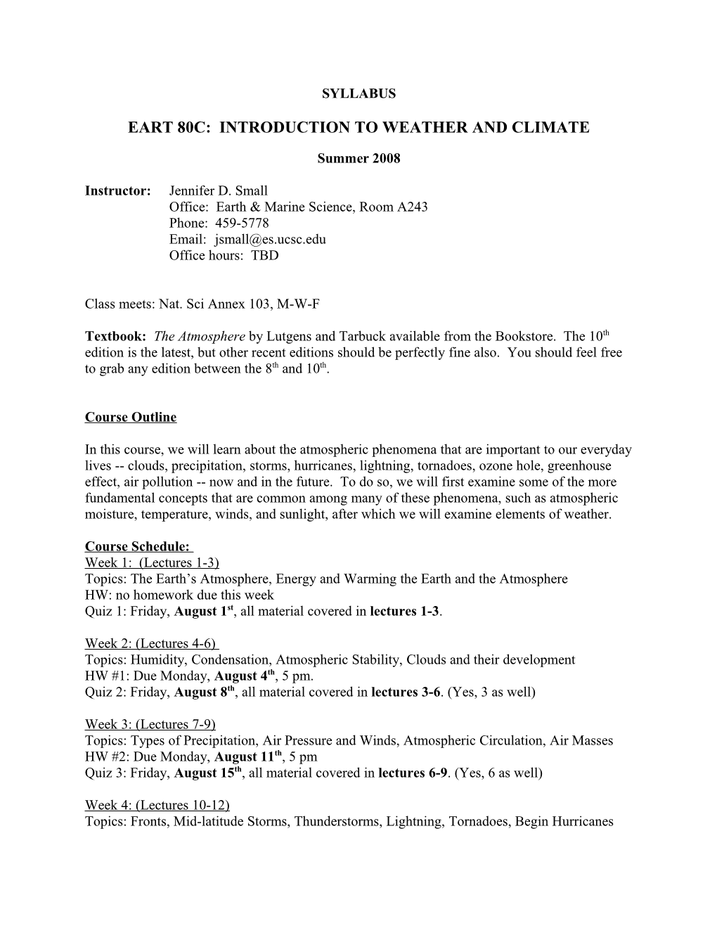 Eart 80C: Introduction to Weather and Climate