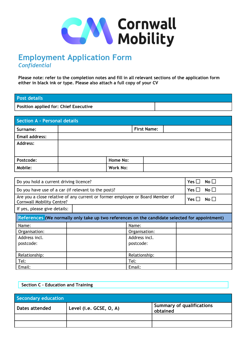 Job Application Form - No CRB (Word, 249KB)