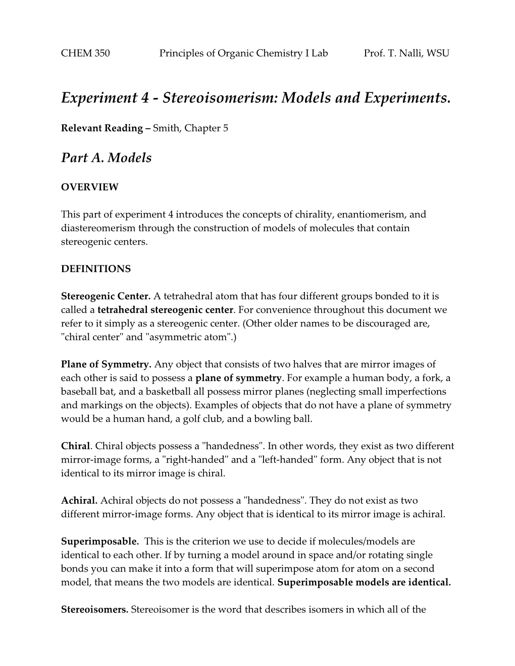 Experiment 4 - Stereoisomerism: Models and Experiments