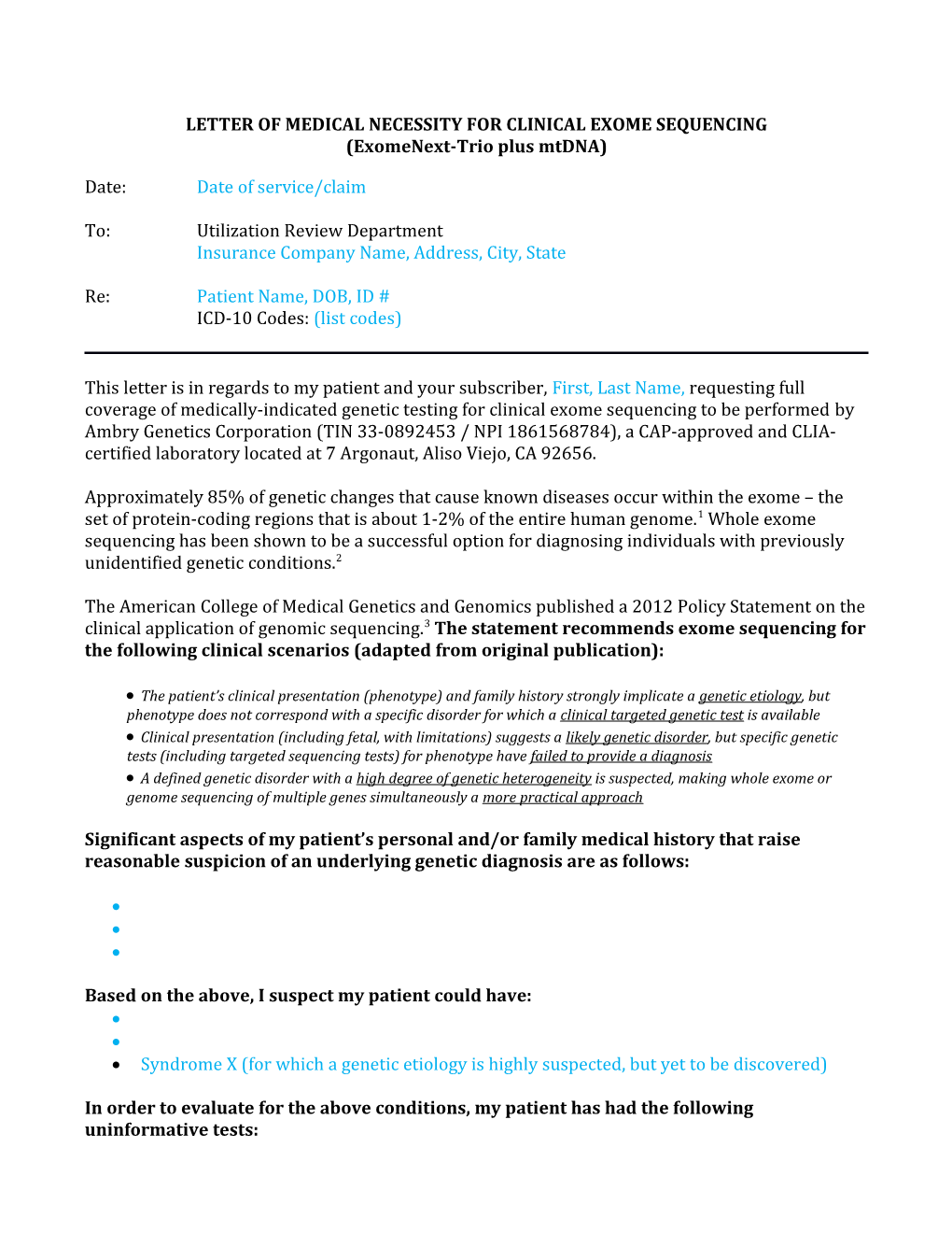 Letter of Medical Necessity for Clinicalexome Sequencing