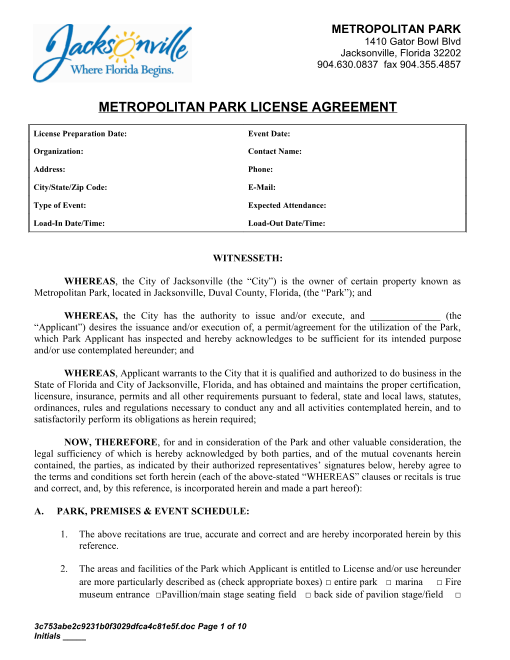 Metropolitan Park License Agreement