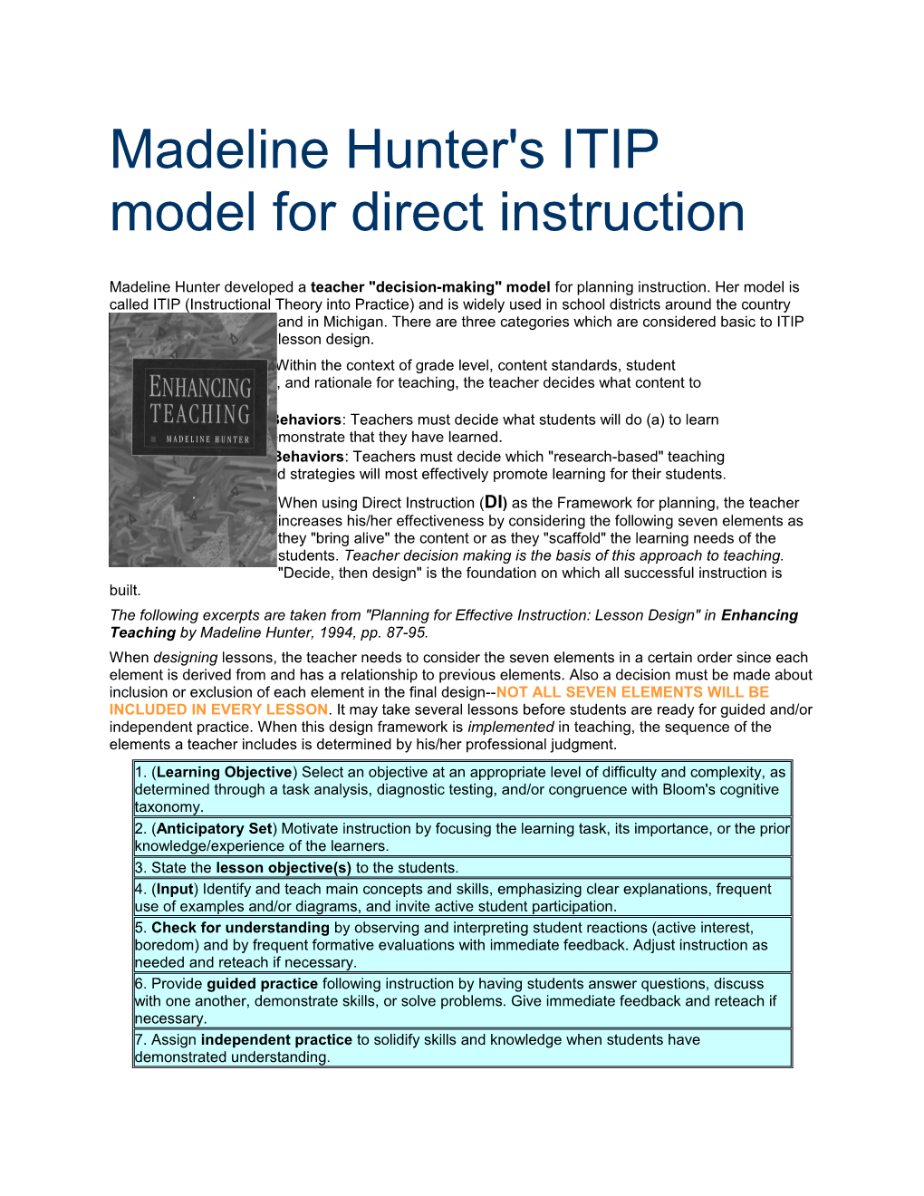 Madeline Hunter's ITIP Model for Direct Instruction