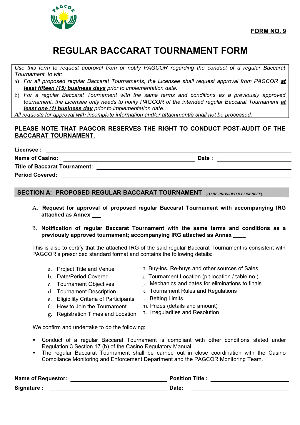 Regular Baccarat Tournament Form