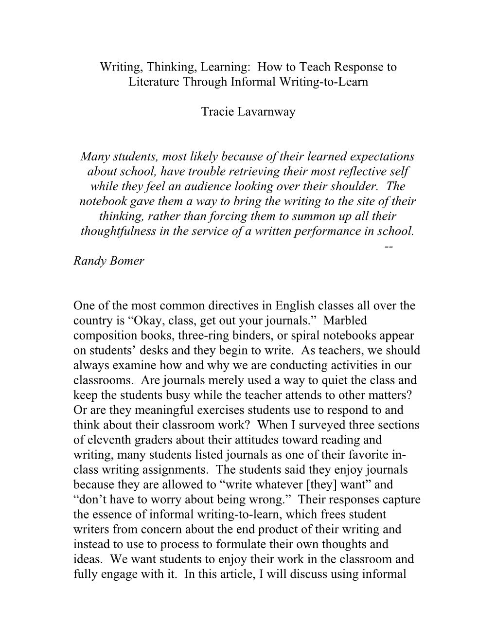 Writing, Thinking, Learning: How to Teach Response To