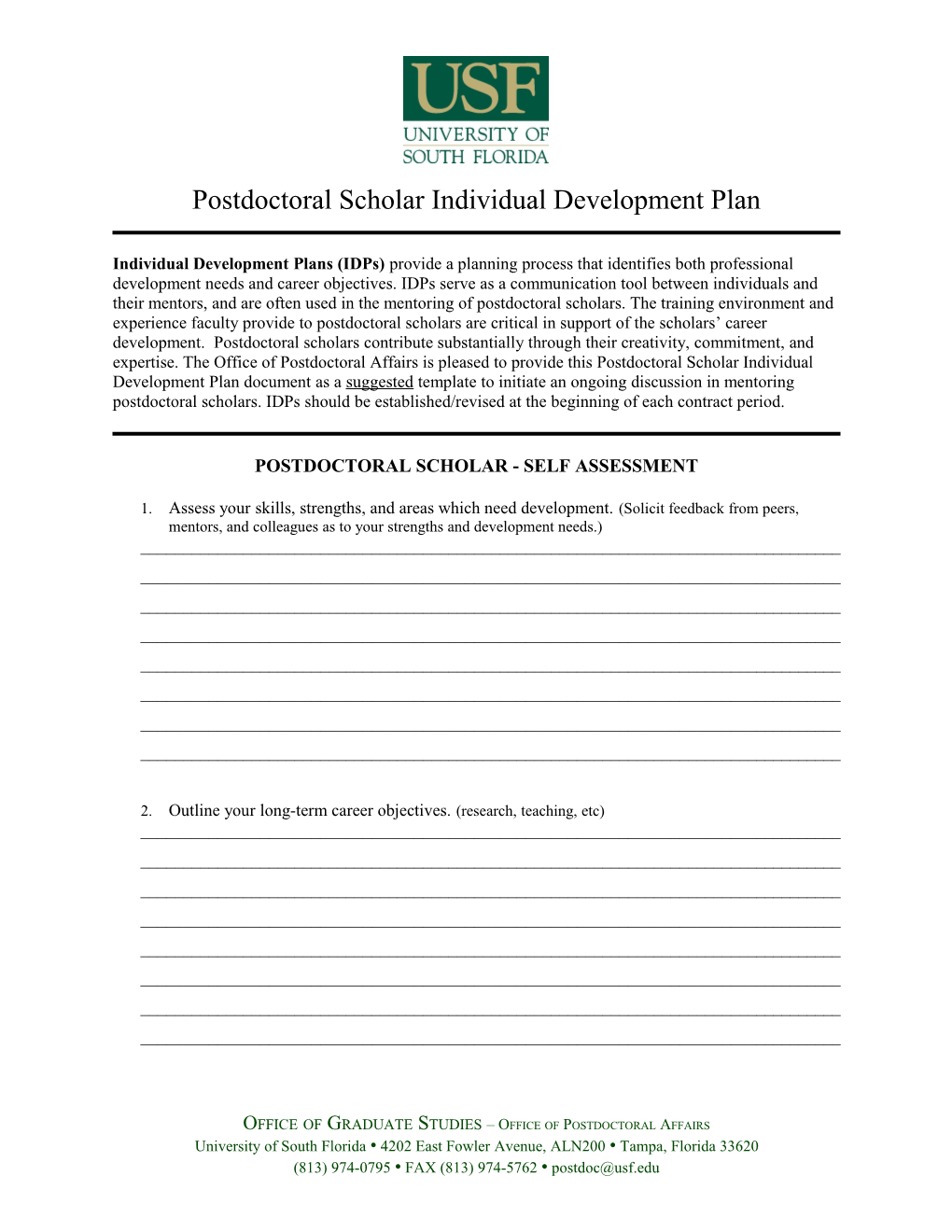 Postdoctoral Scholar Individual Developmentplan