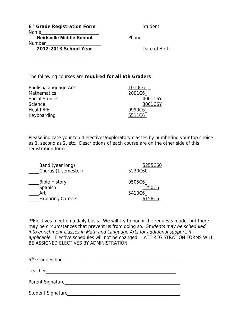 6Th Grade Registration Form Student Name______