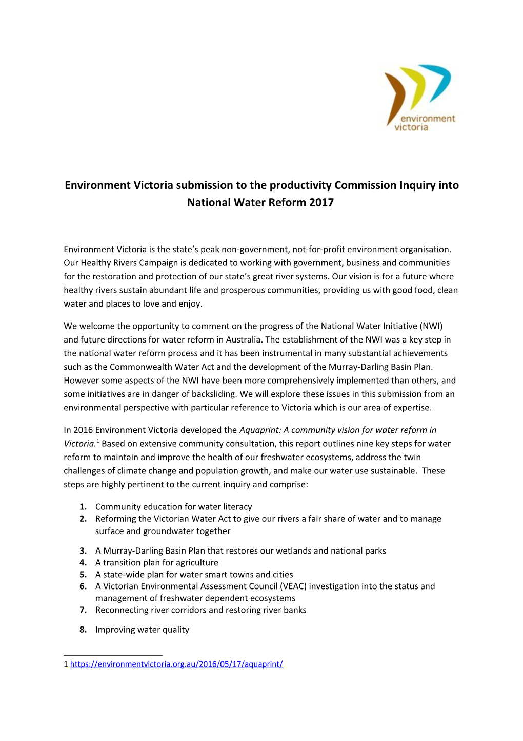 Submission 3 - Environment Victoria - National Water Reform - Public Inquiry