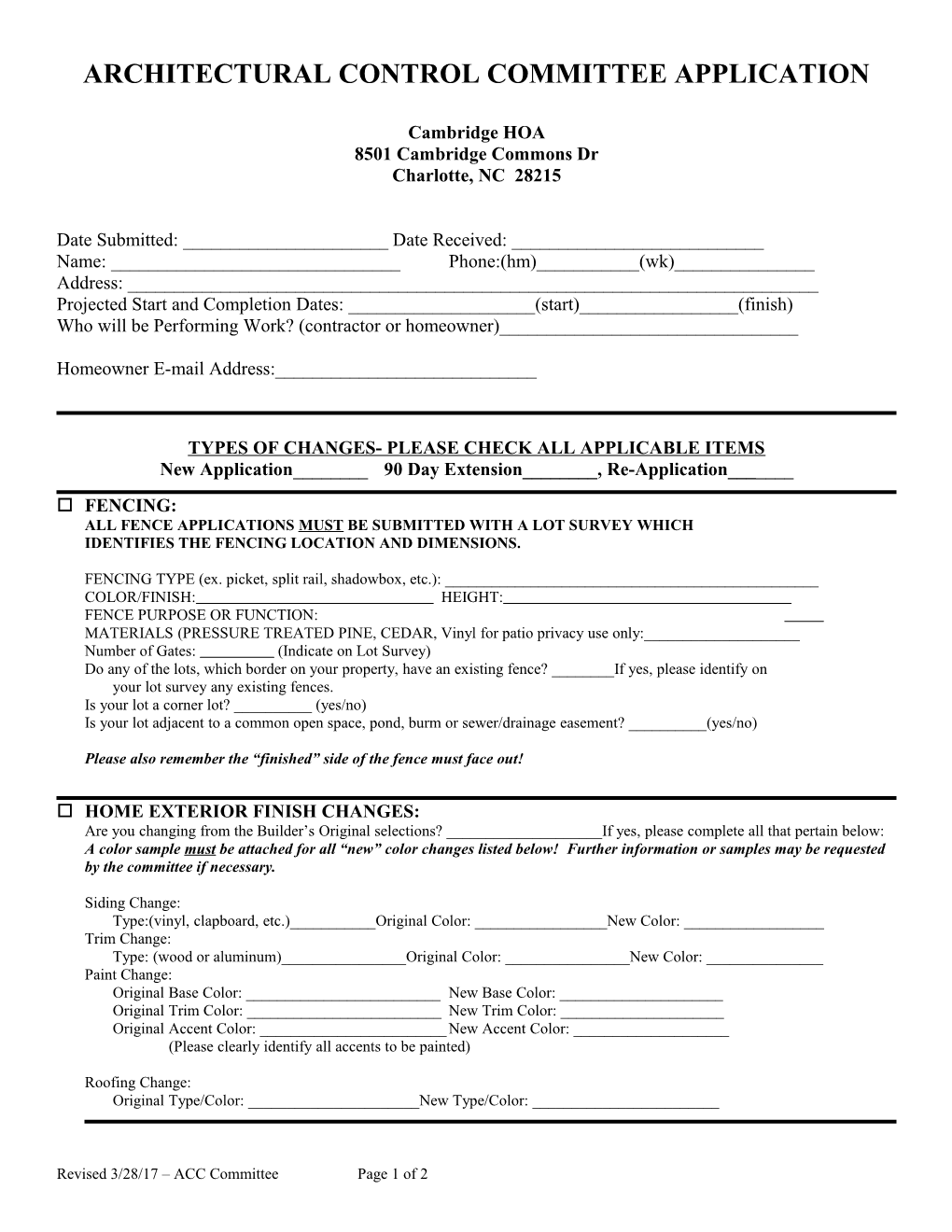 Architectural Control Committee Application