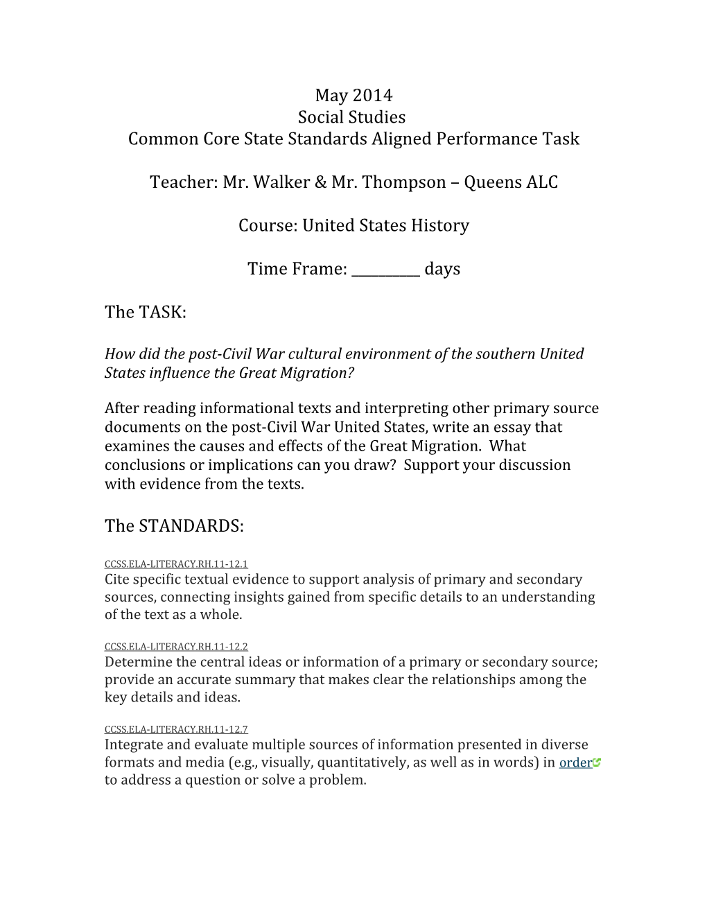 Common Core State Standards Aligned Performance Task