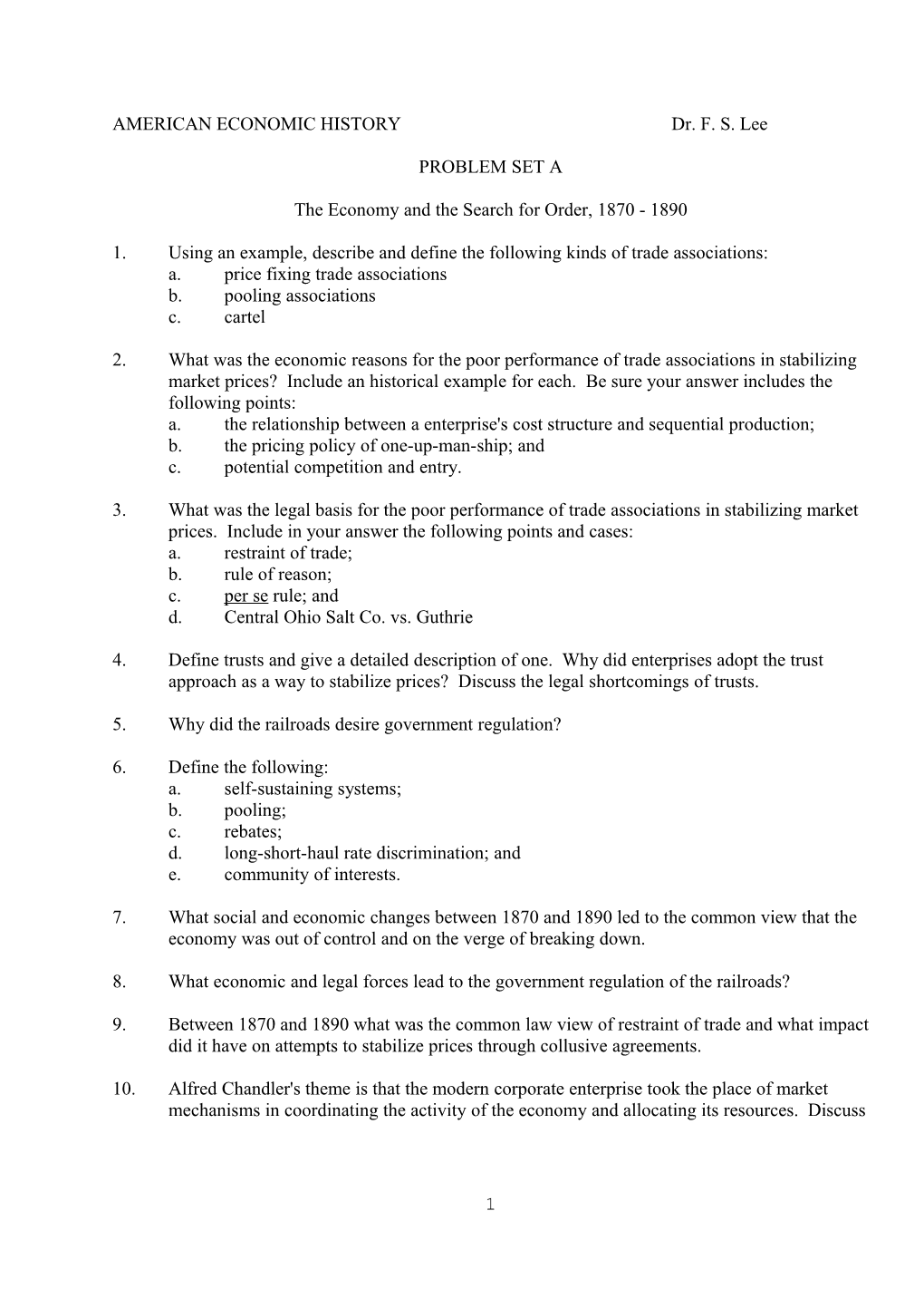 AMERICAN ECONOMIC HISTORY: Problem Set