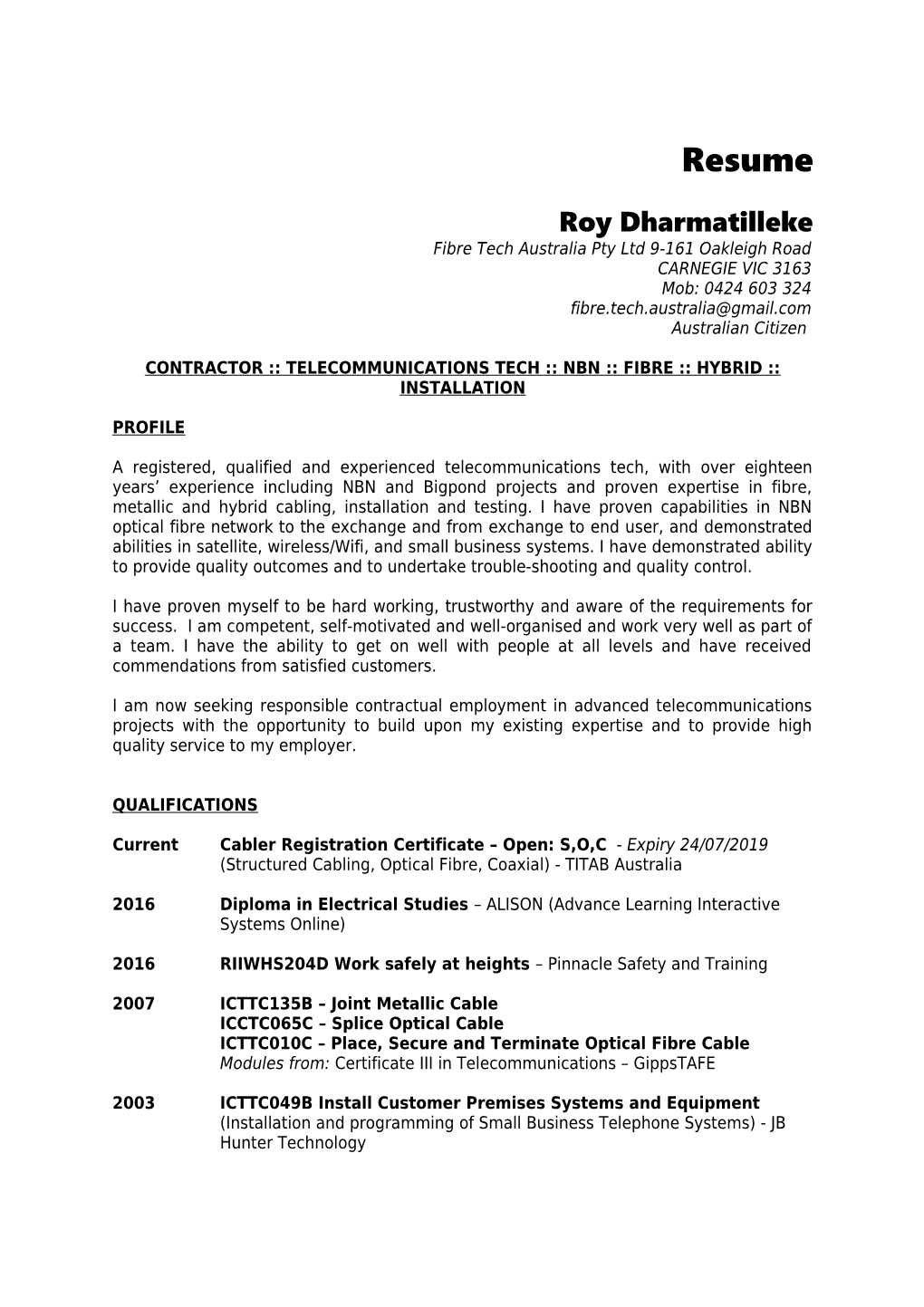 Confidential Resume of ROY DHARMATILLEKE