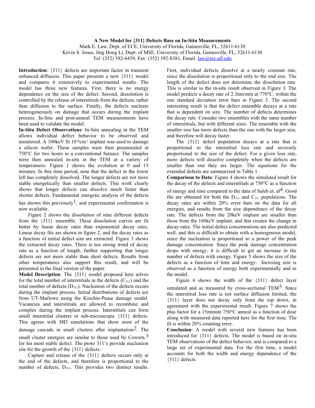 A New Model for 311 Defects Base on In-Situ Measurements