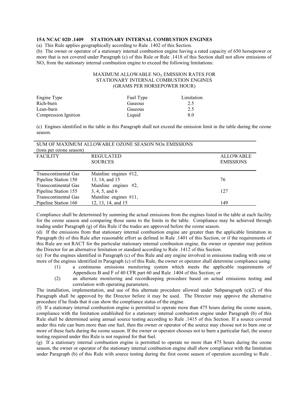 15A Ncac 02D .1409Stationary Internal Combustion Engines