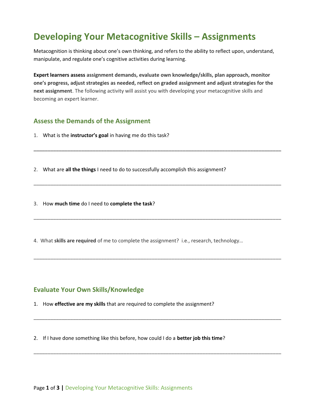 Developing Your Metacognitive Skills Assignments