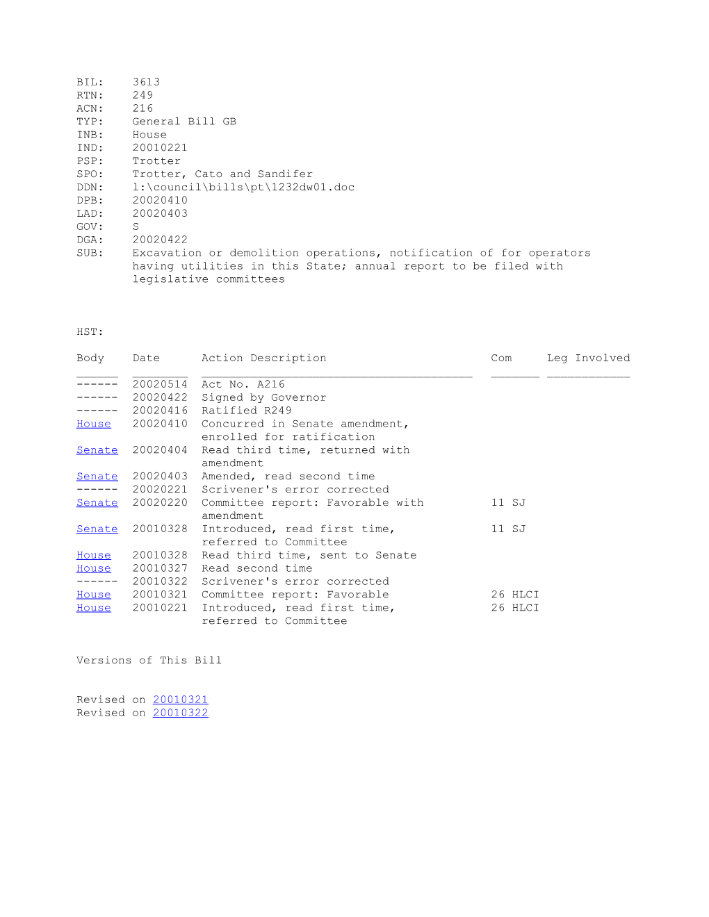 2001-2002 Bill 3613: Excavation Or Demolition Operations, Notification of for Operators