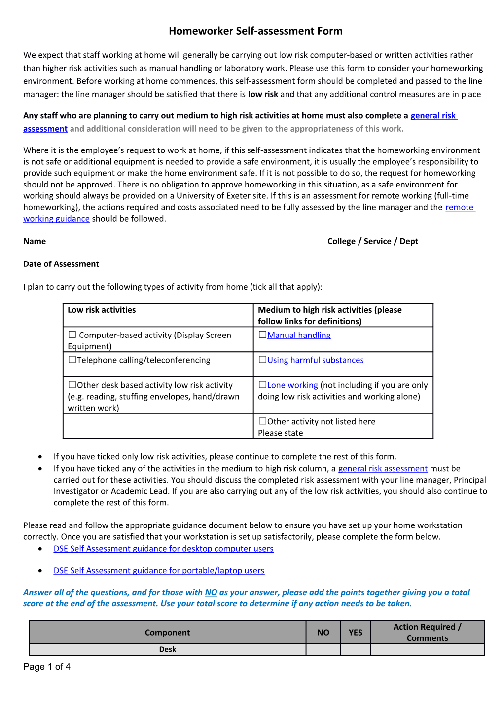 Homeworker Self-Assessment Form