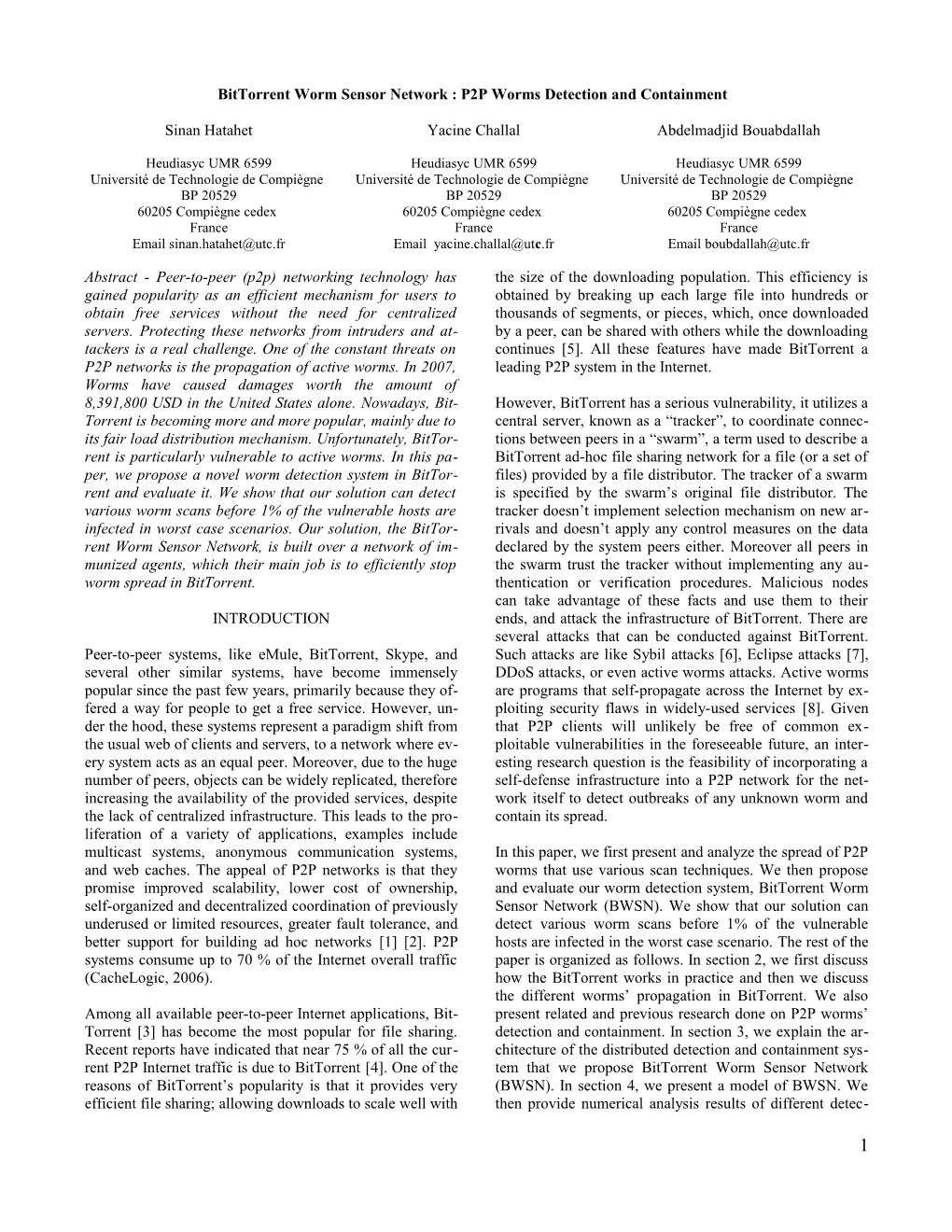 Bittorrent Worm Sensor Network : P2P Worms Detection and Containment