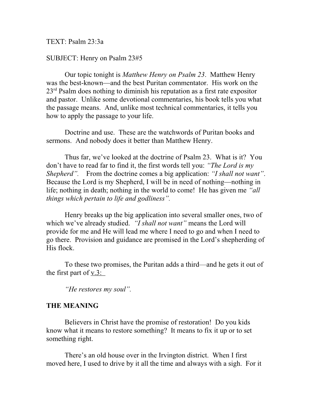 SUBJECT: Henry on Psalm 23#5