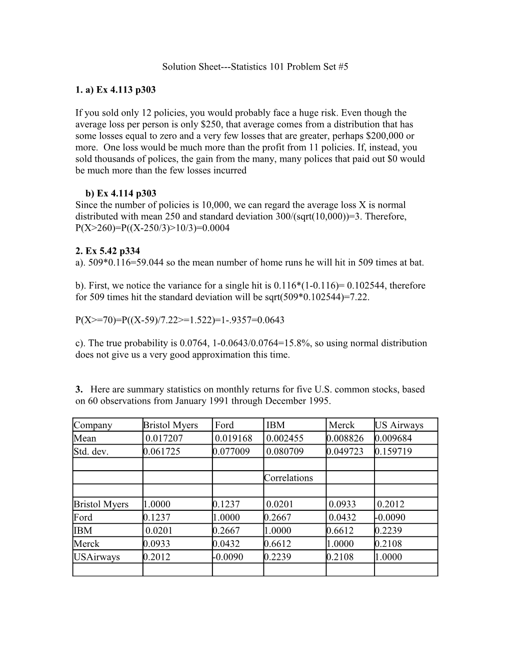 Solution Sheet Statistics 101 Problem Set #5