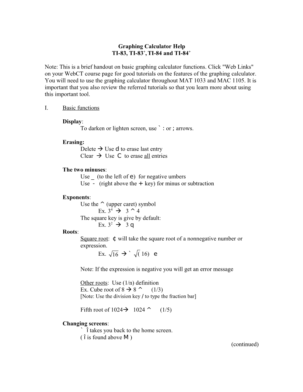 Graphing Calculator Mini-Workshop