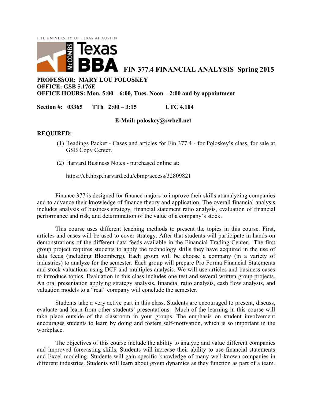 FIN 377.4 FINANCIAL ANALYSIS Spring 2015