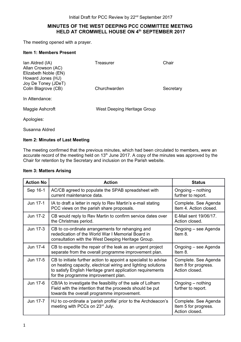 Minutes of the West Deeping Pcc Committee Meeting