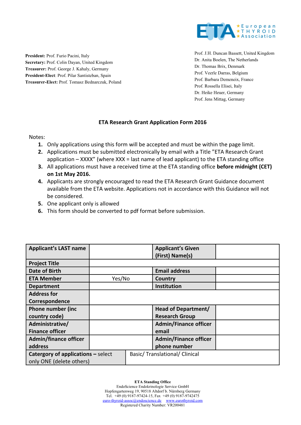 ETA Research Grant Application Form 2016