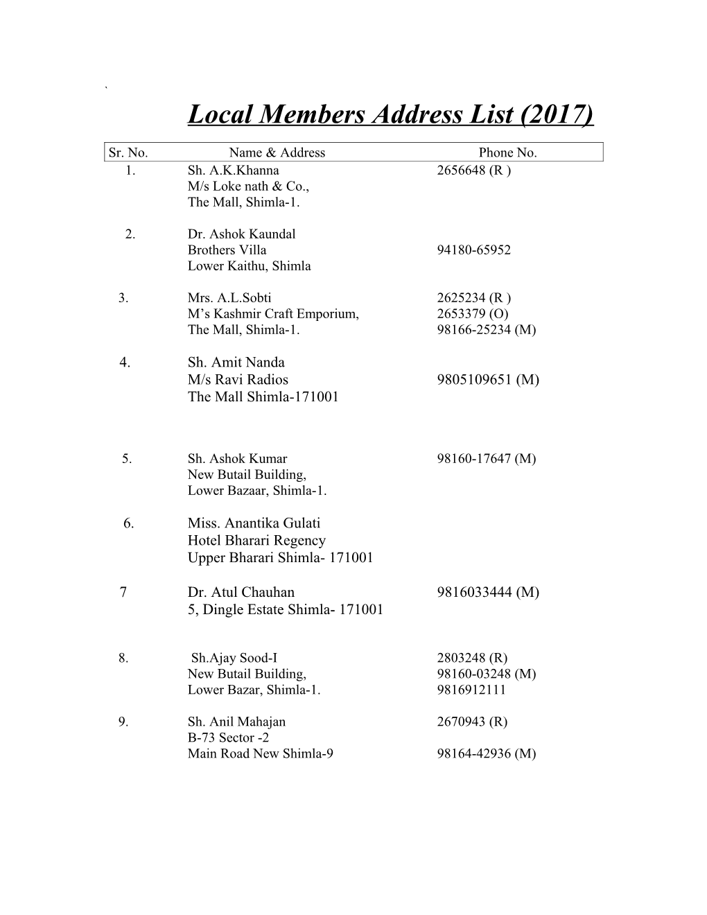 Local Members Address List (2017)