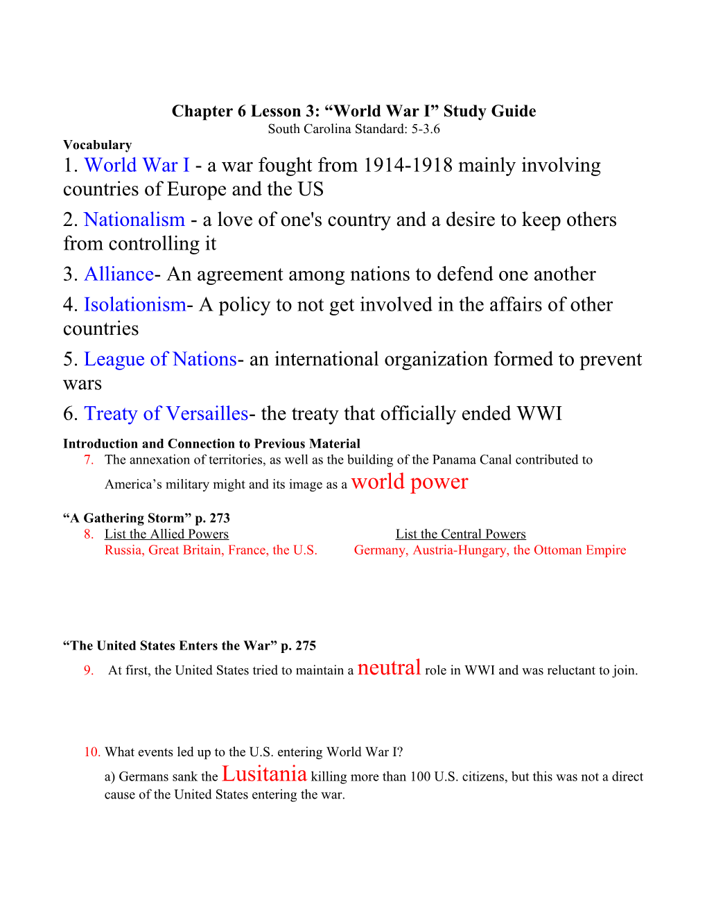 Chapter 6 Lesson 3: World War I Study Guide