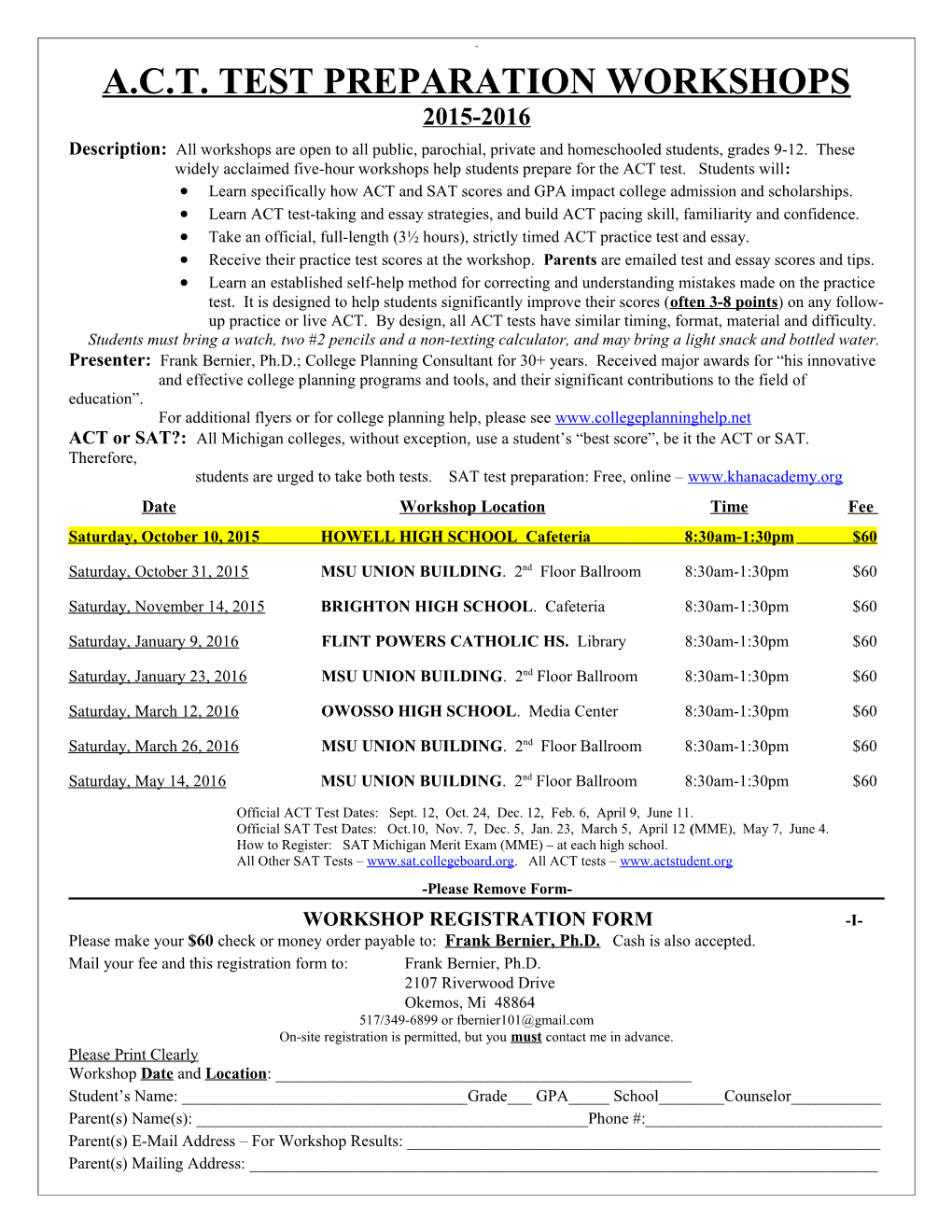 Act Test-Prep Workshop Schedule Fall, 2005