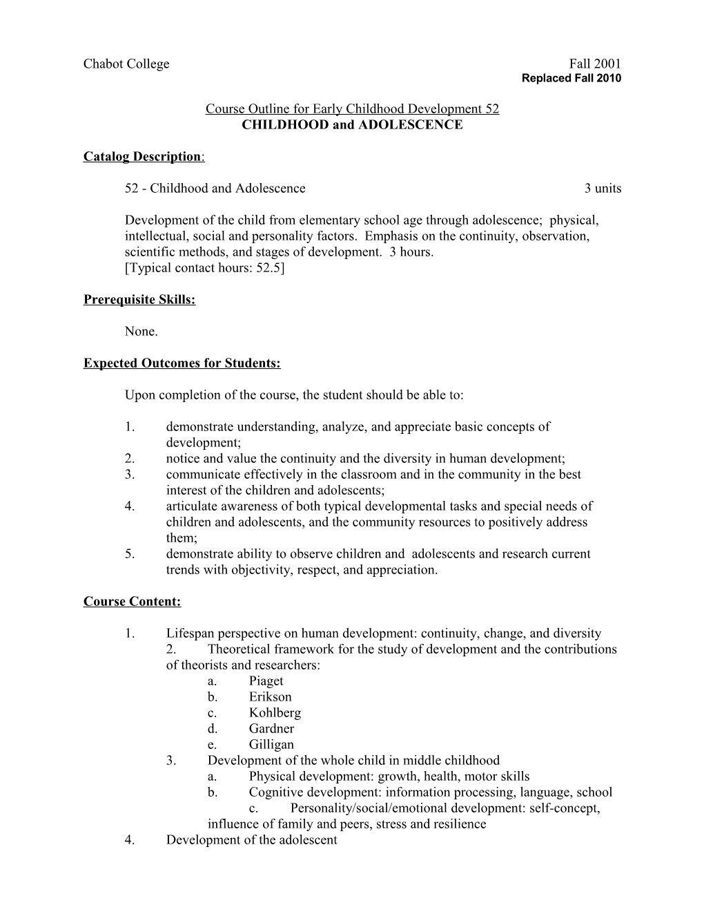 Course Outline for ECD 52, Page 1