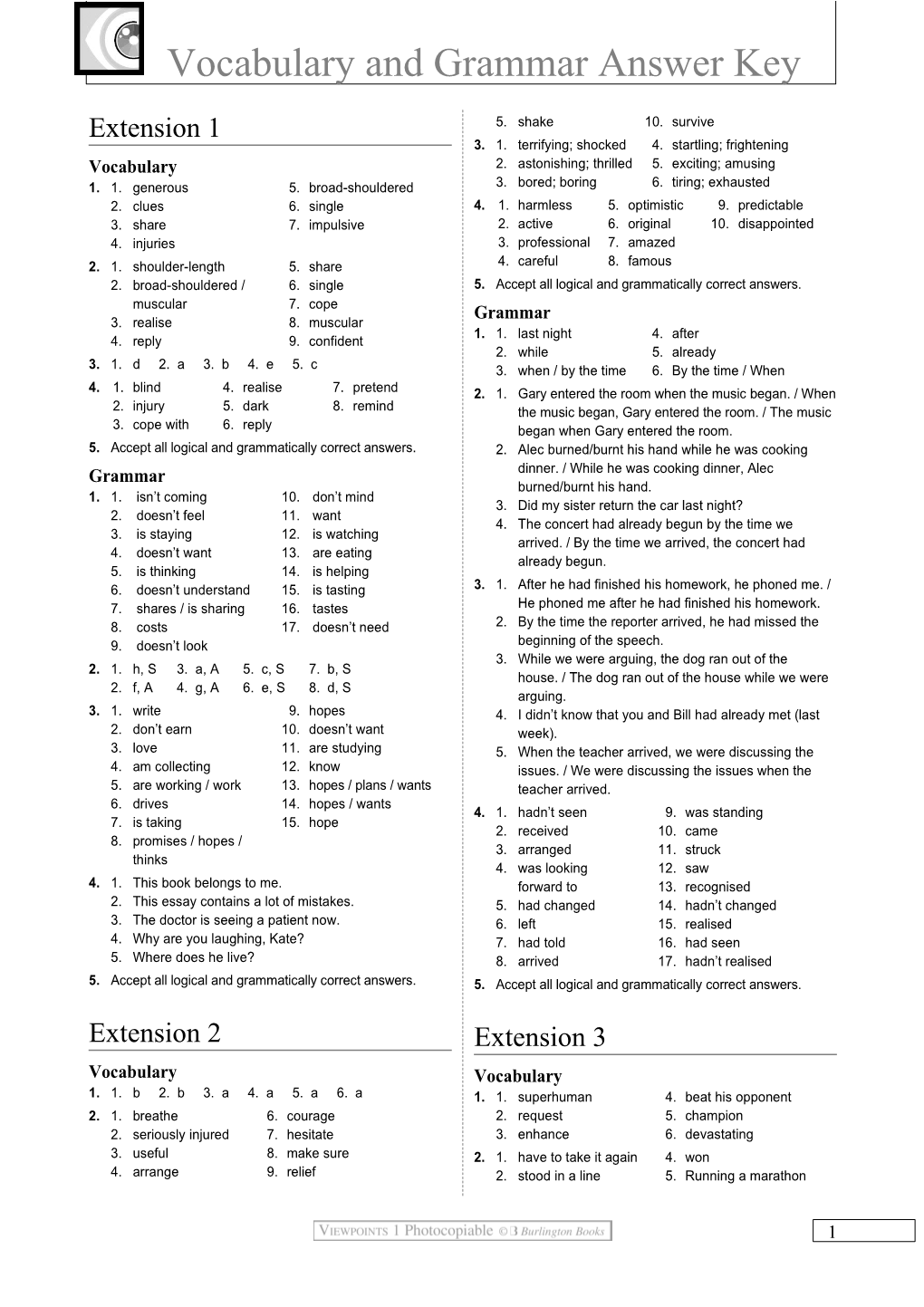 Viewpoints 1 All-In-One Pack Spain - Vocabulary and Grammar - Extension Answer Key