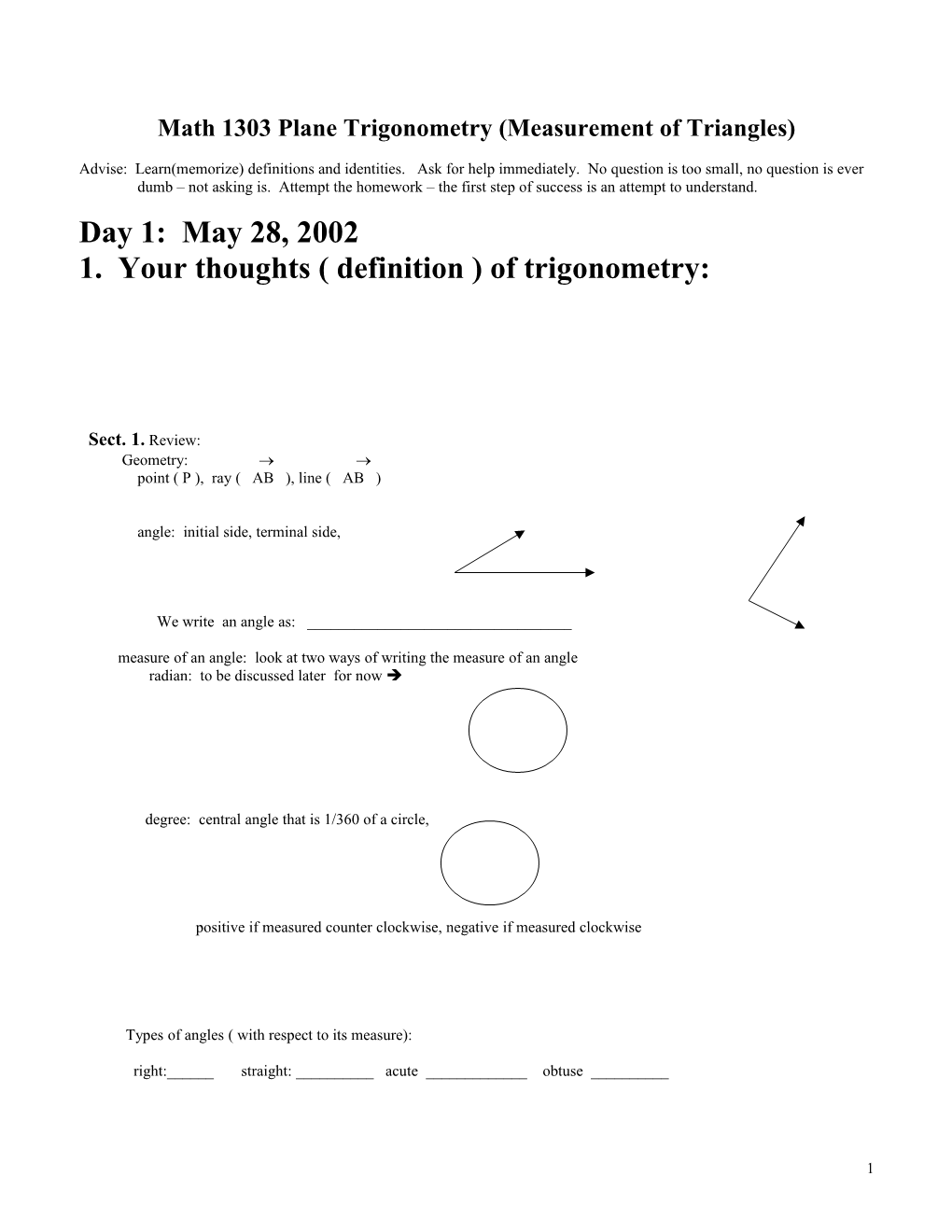 Math 1303 Plane Trigonometry (Measurement of Triangles)