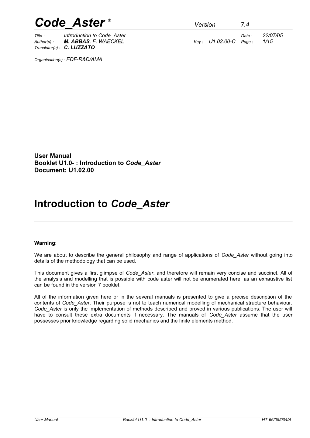 Introduction to Code Aster