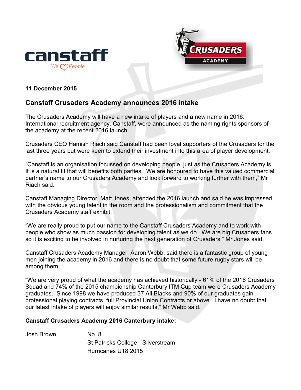 Canstaff Crusaders Academy Announces 2016 Intake