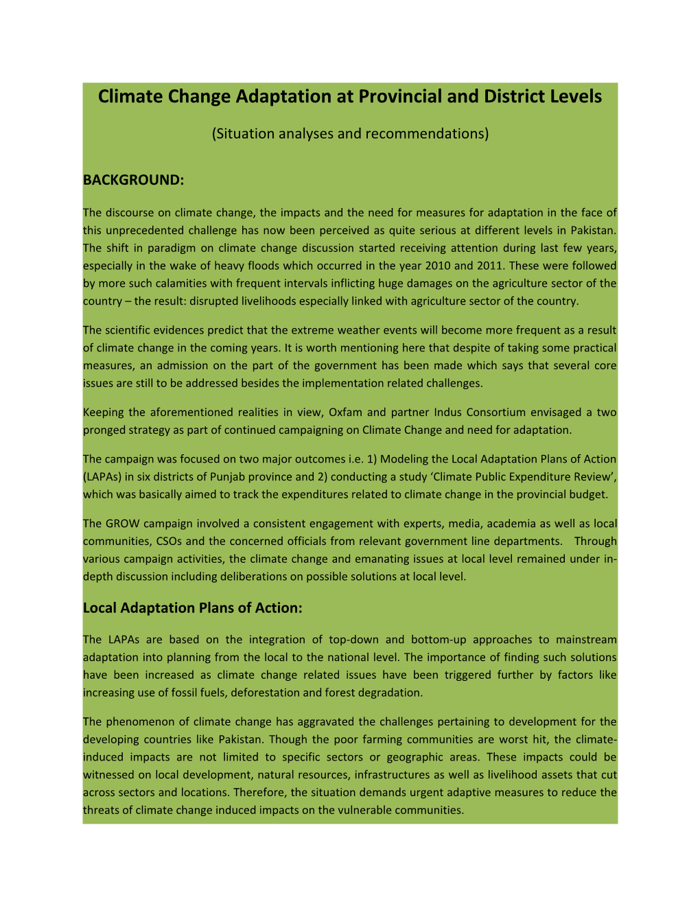 Climate Change Adaptation at Provincial and District Levels