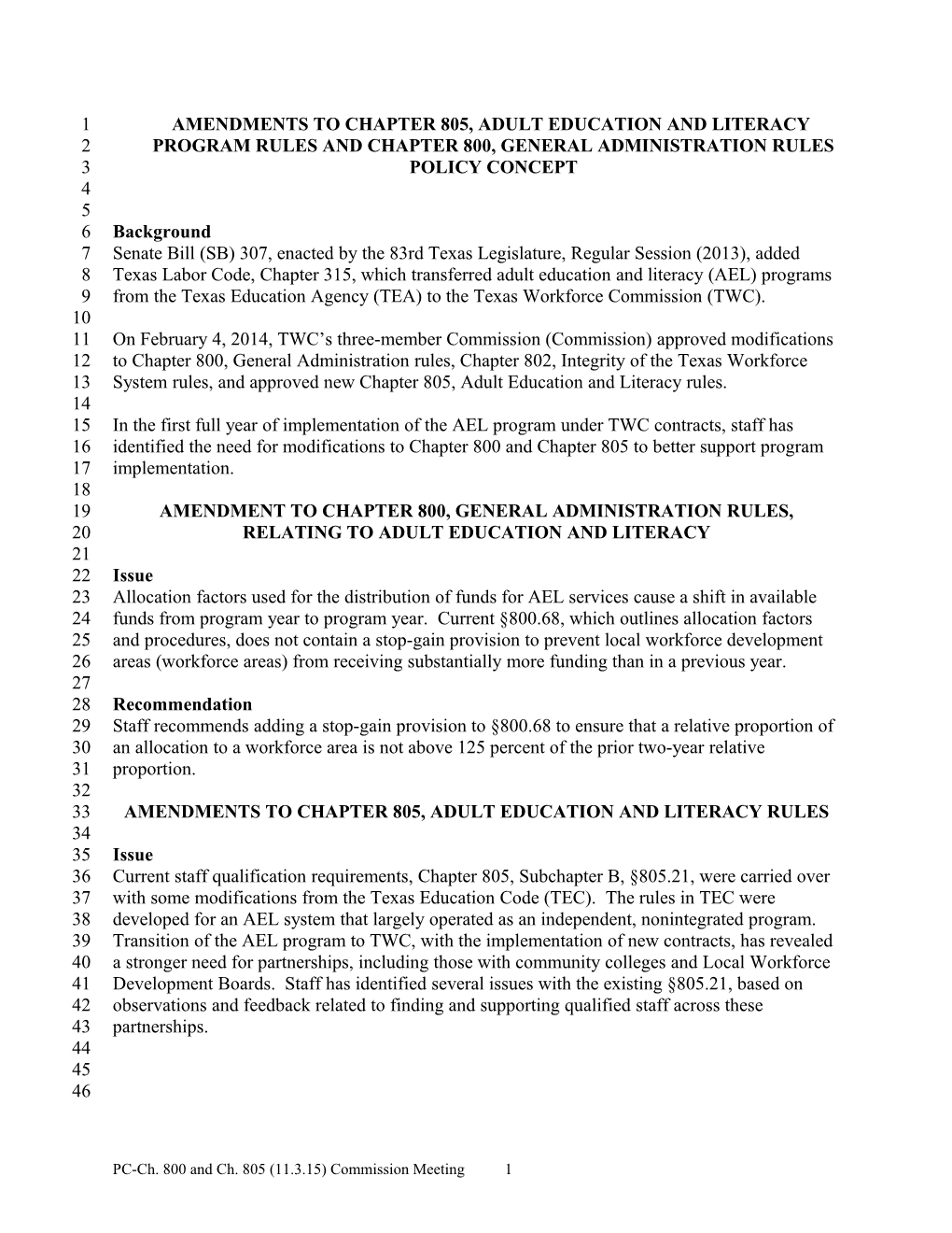 Commission Meeting Materials November 3, 2015 9:00 A.M. - Chapters 800-805 Policy Concepts