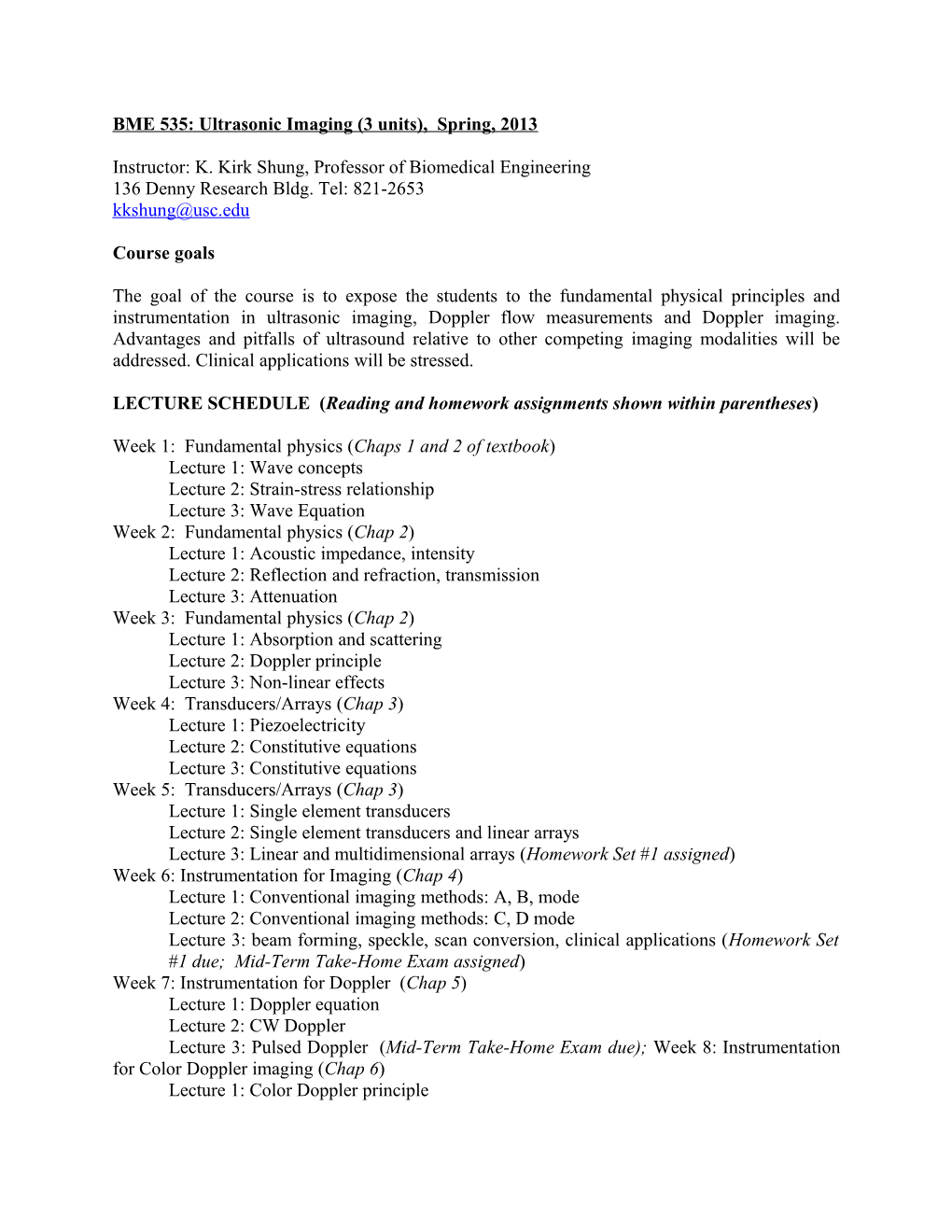 BME: Ultrasonic Imaging (3 Units), Spring, 2003