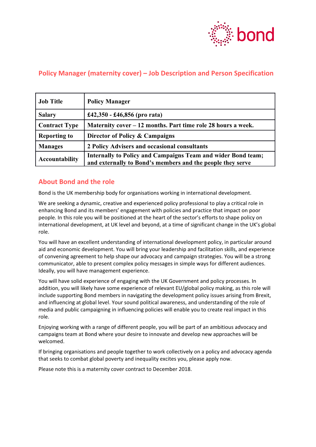 Policy Manager (Maternity Cover) Job Description and Person Specification