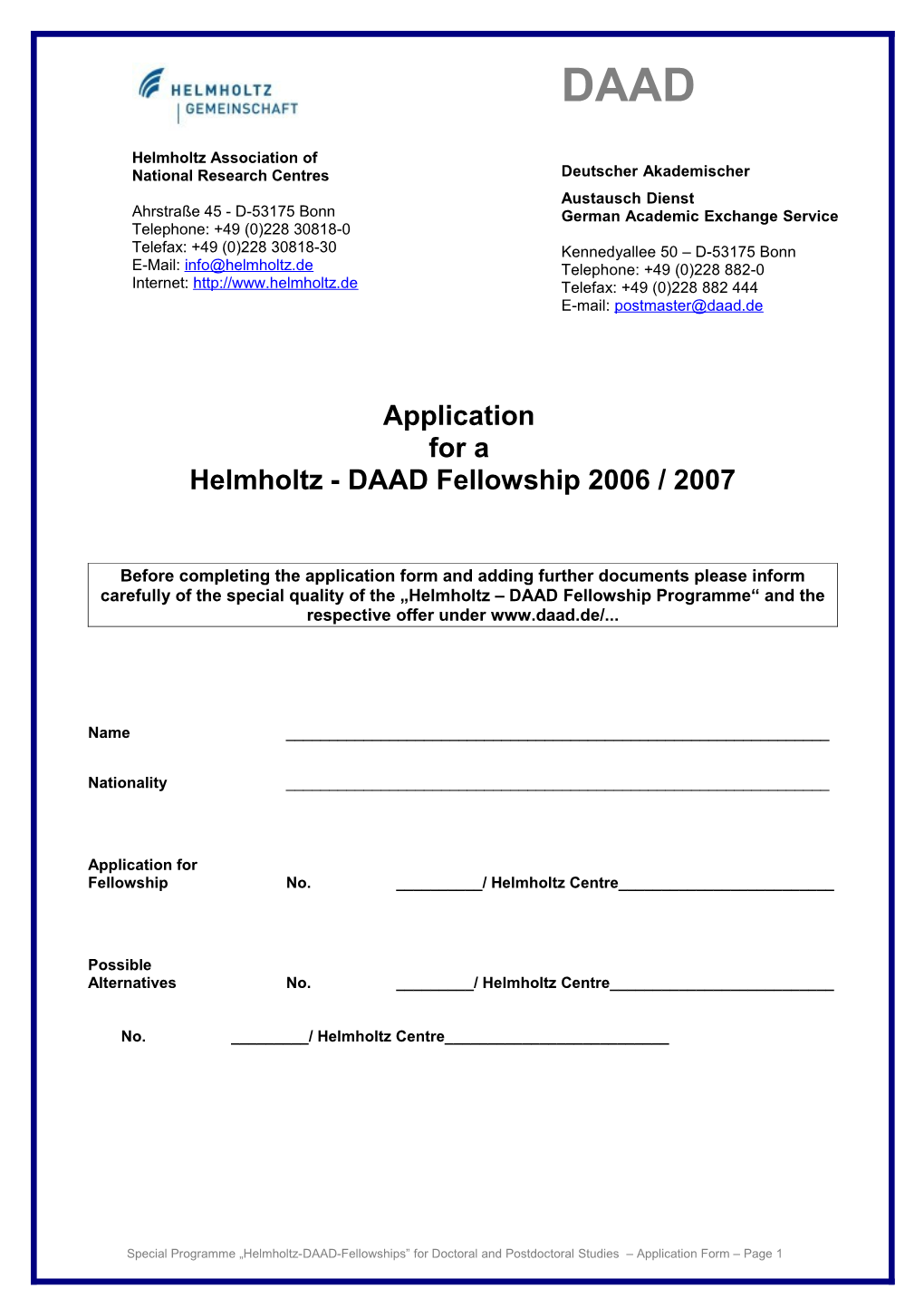 Helmholtz - DAAD Fellowship 2006 / 2007