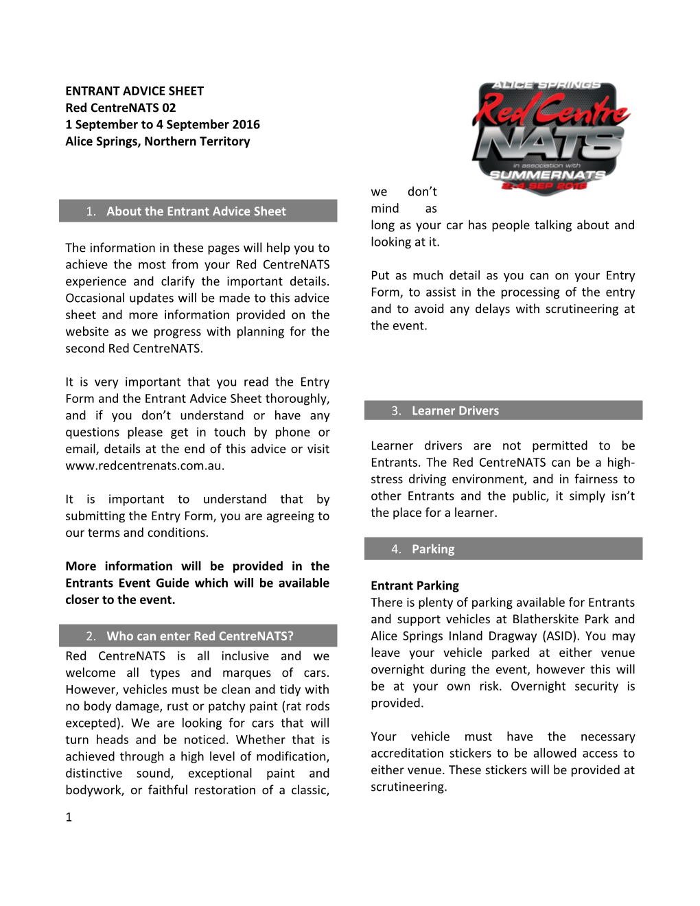 Entrant Advice Sheet