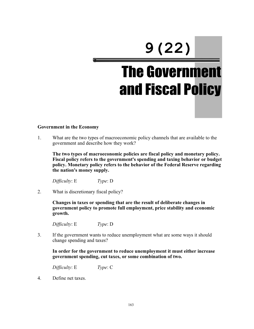 Chapter 9 (22): the Government and Fiscal Policy