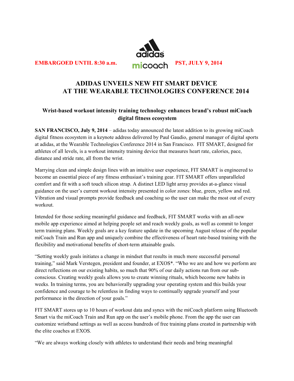 Adidas Unveils NEW Fit Smart Device at the Wearable Technologies Conference 2014
