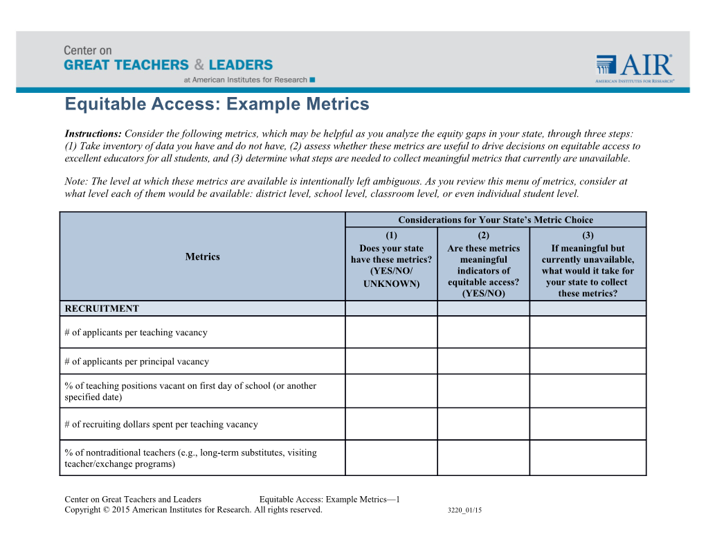 Equitable Access: Example Metrics